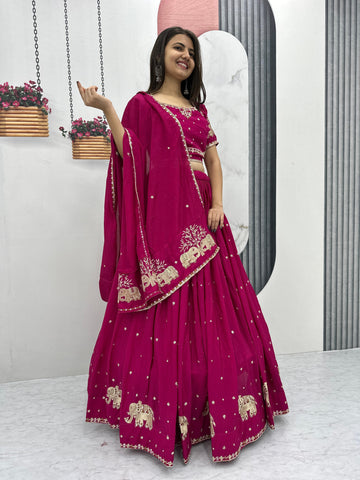 Marriage Special Pink Color Chinon And Embroidery Thread With Sequence Work Designer Lehenga Choli