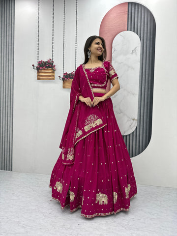 Marriage Special Pink Color Chinon And Embroidery Thread With Sequence Work Designer Lehenga Choli