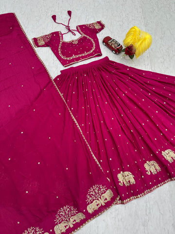 Marriage Special Pink Color Chinon And Embroidery Thread With Sequence Work Designer Lehenga Choli