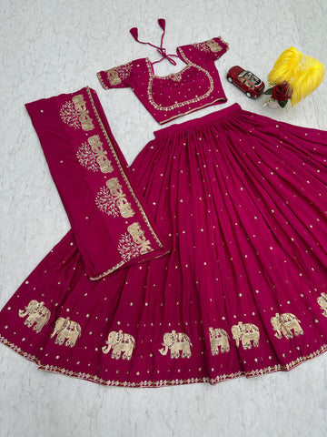 Marriage Special Pink Color Chinon And Embroidery Thread With Sequence Work Designer Lehenga Choli