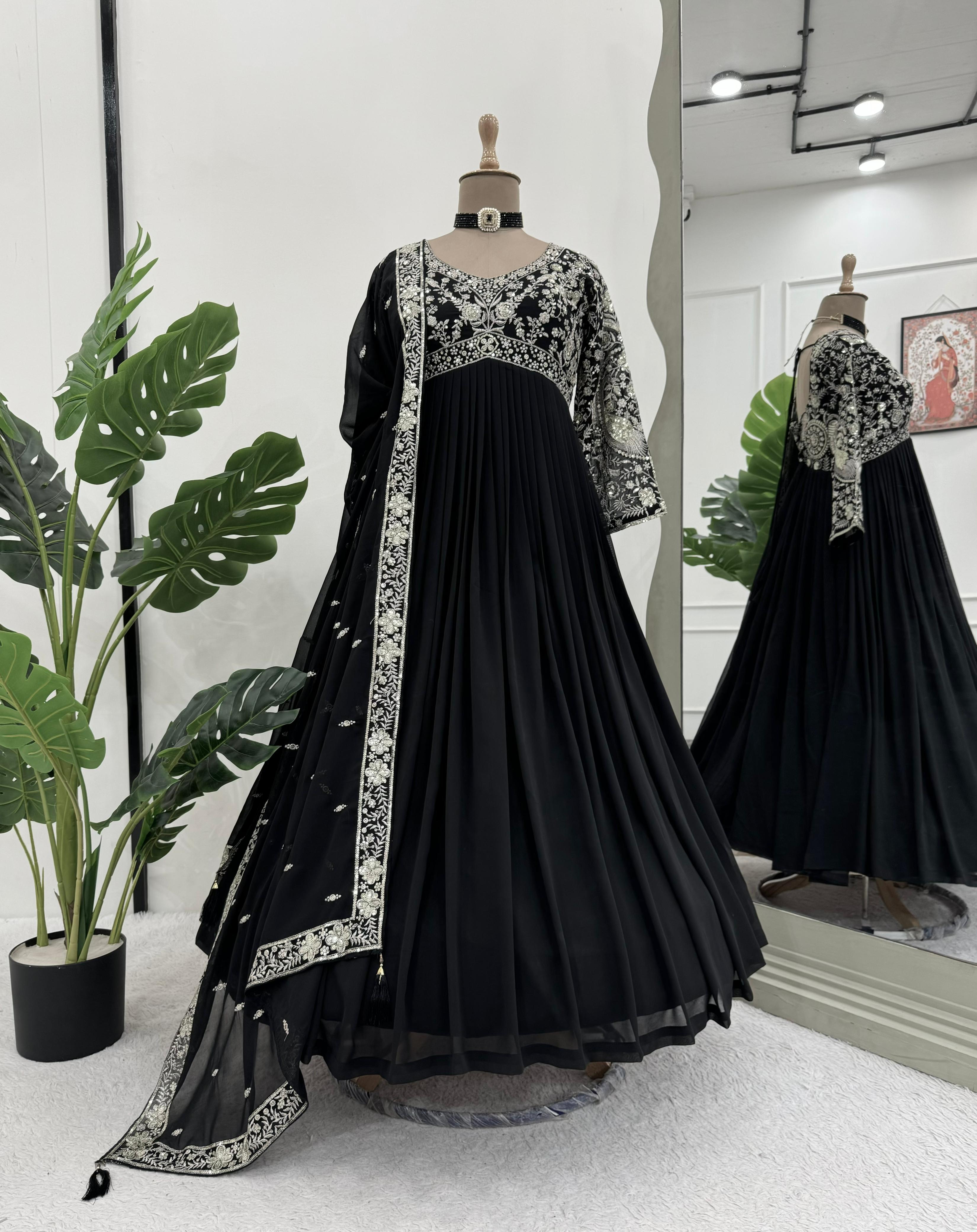 Party Wear Black Color Faux Georgette And Thread With Sequence Work Designer Gown