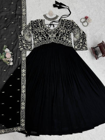 Party Wear Black Color Faux Georgette And Thread With Sequence Work Designer Gown