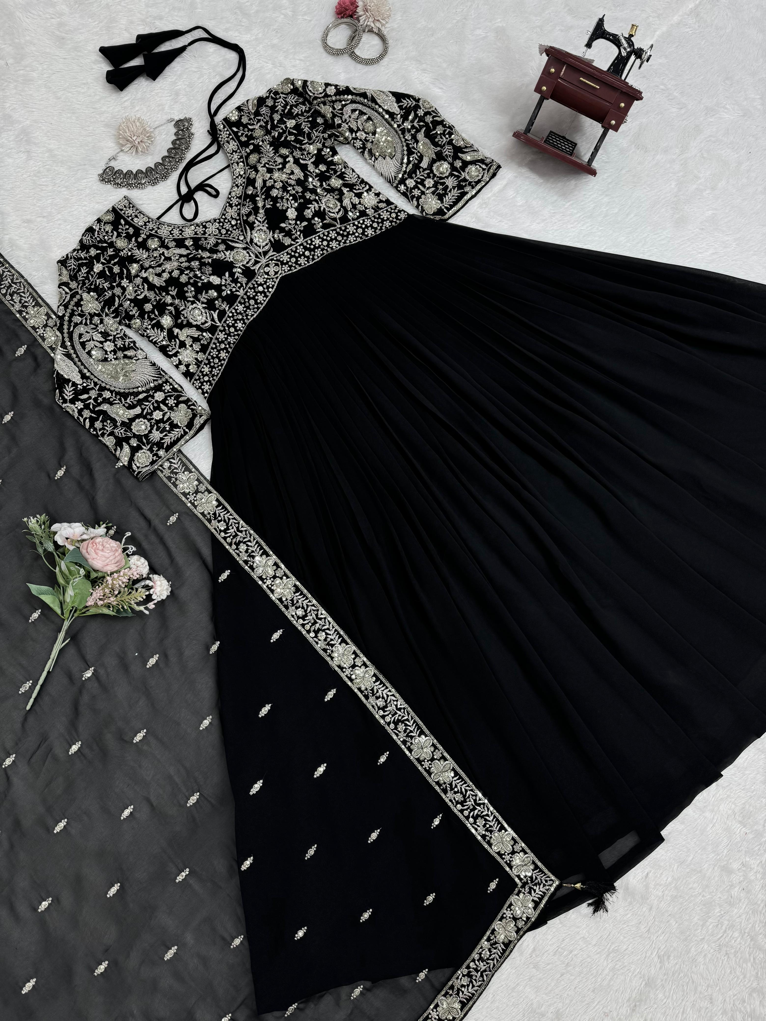 Party Wear Black Color Faux Georgette And Thread With Sequence Work Designer Gown