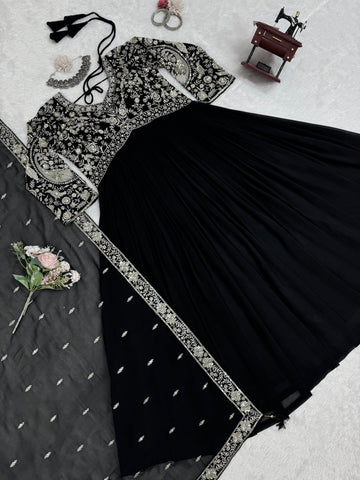 Party Wear Black Color Faux Georgette And Thread With Sequence Work Designer Gown