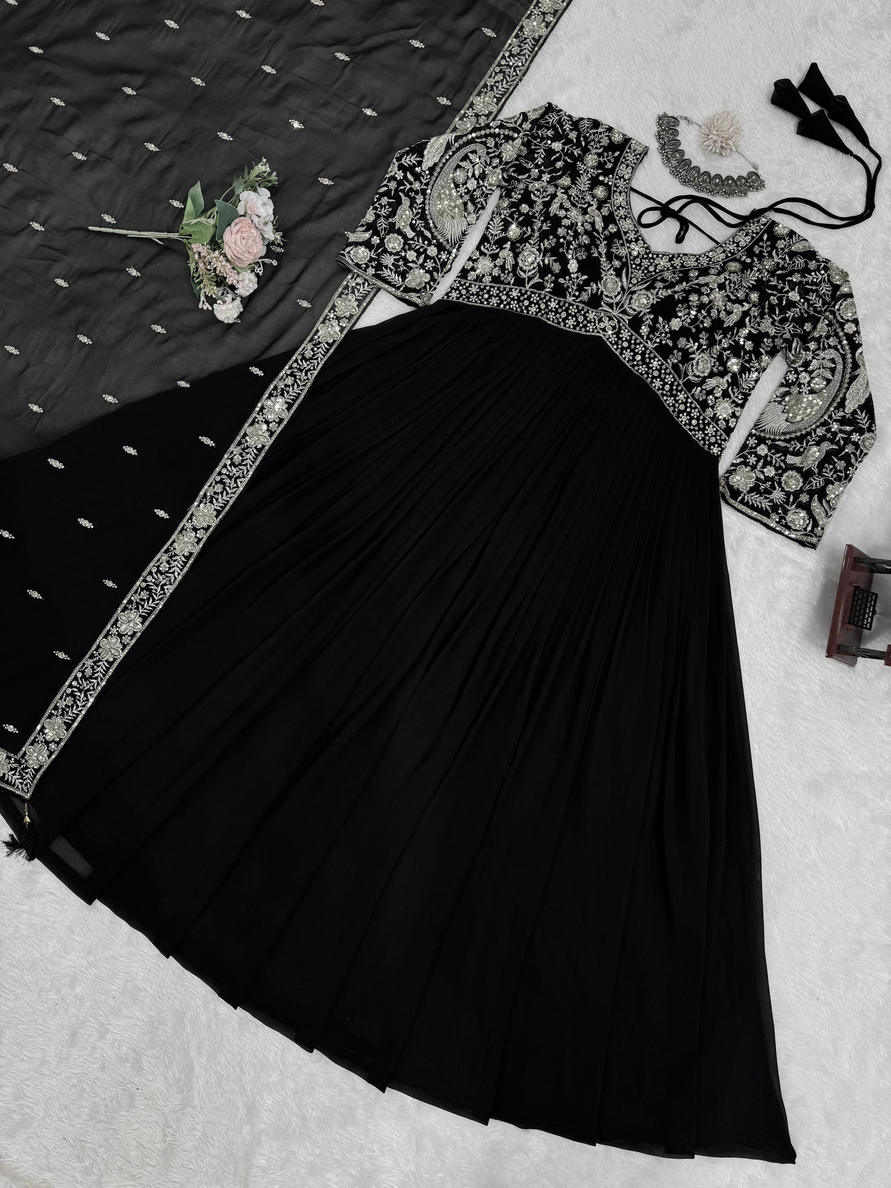 Party Wear Black Color Faux Georgette And Thread With Sequence Work Designer Gown