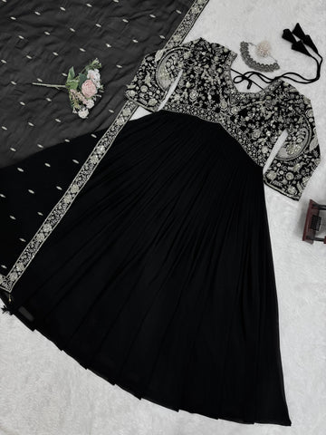 Party Wear Black Color Faux Georgette And Thread With Sequence Work Designer Gown