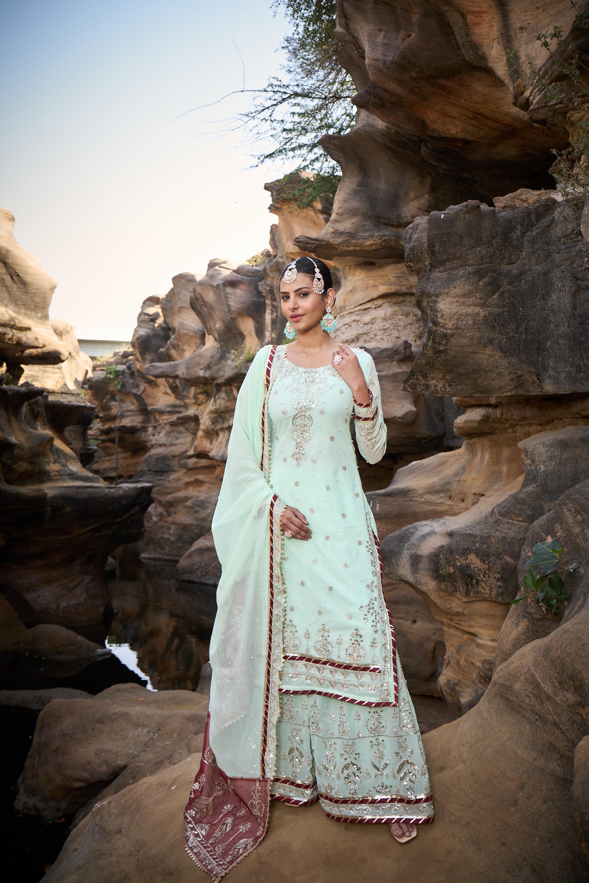Party Wear Light Green Color Faux Georgette Thread With Sequence With Rivet Moti Designer Sharara Suit