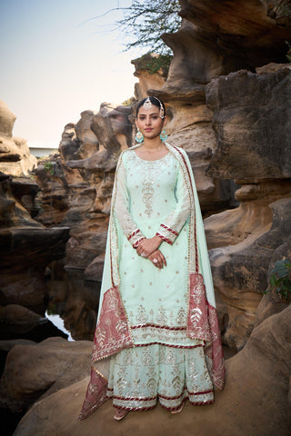 Party Wear Light Green Color Faux Georgette Thread With Sequence With Rivet Moti Designer Sharara Suit