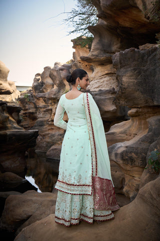 Party Wear Light Green Color Faux Georgette Thread With Sequence With Rivet Moti Designer Sharara Suit