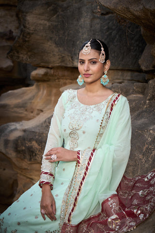 Party Wear Light Green Color Faux Georgette Thread With Sequence With Rivet Moti Designer Sharara Suit