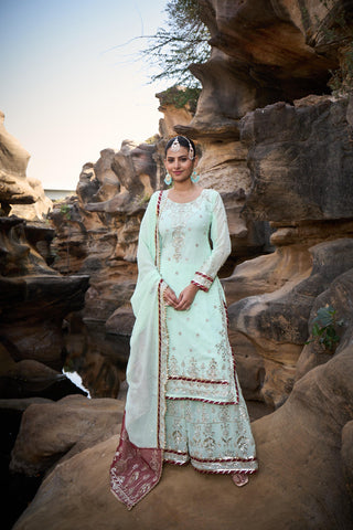 Party Wear Light Green Color Faux Georgette Thread With Sequence With Rivet Moti Designer Sharara Suit