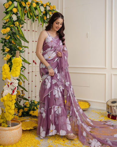 Fabulous Lavender Color Georgette Ruffle Stayle Lehnga With Attatched Dupatta Style Pattern Ready To Wear Lehenga Saree