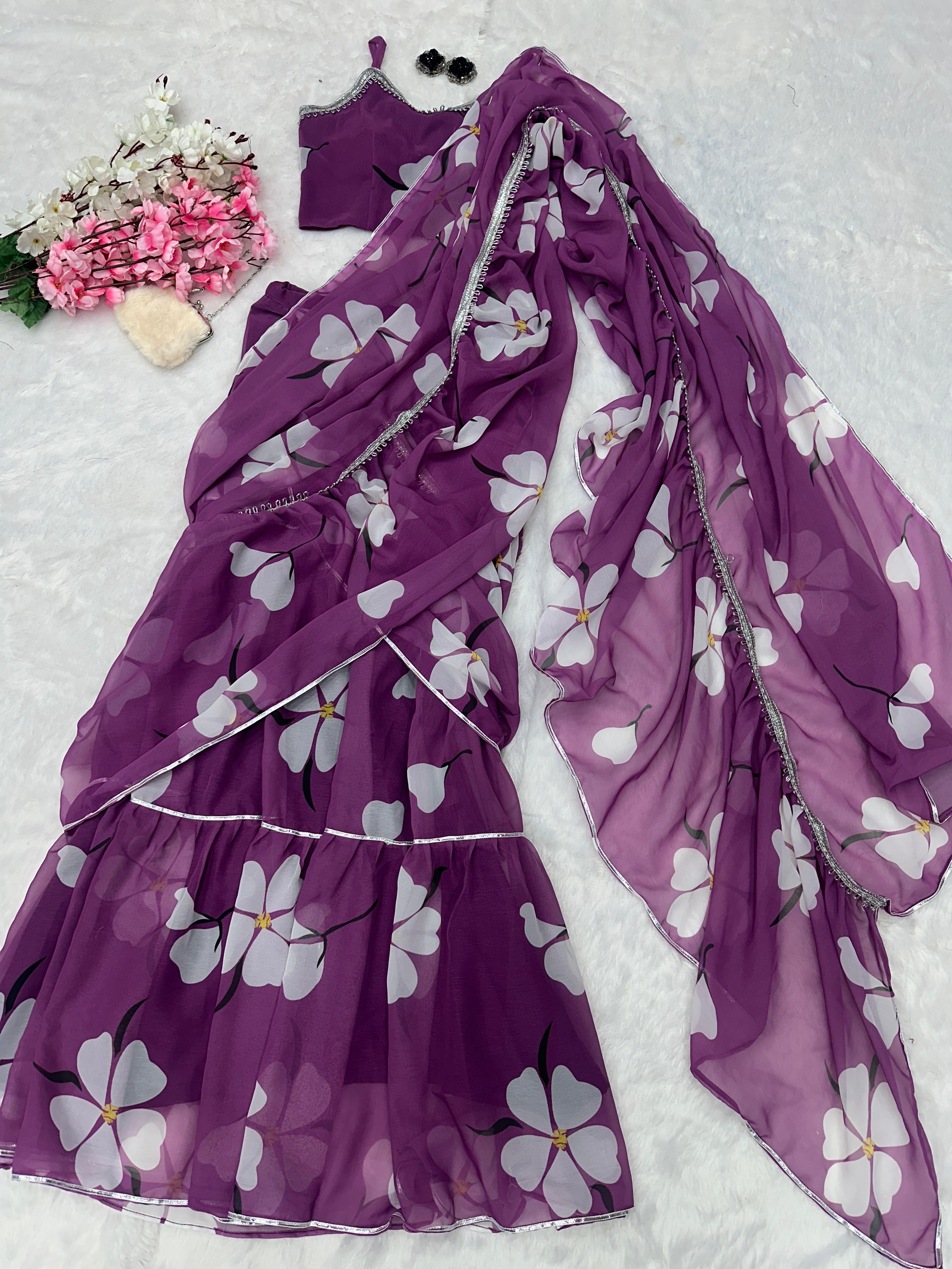 Fabulous Lavender Color Georgette Ruffle Stayle Lehnga With Attatched Dupatta Style Pattern Ready To Wear Lehenga Saree