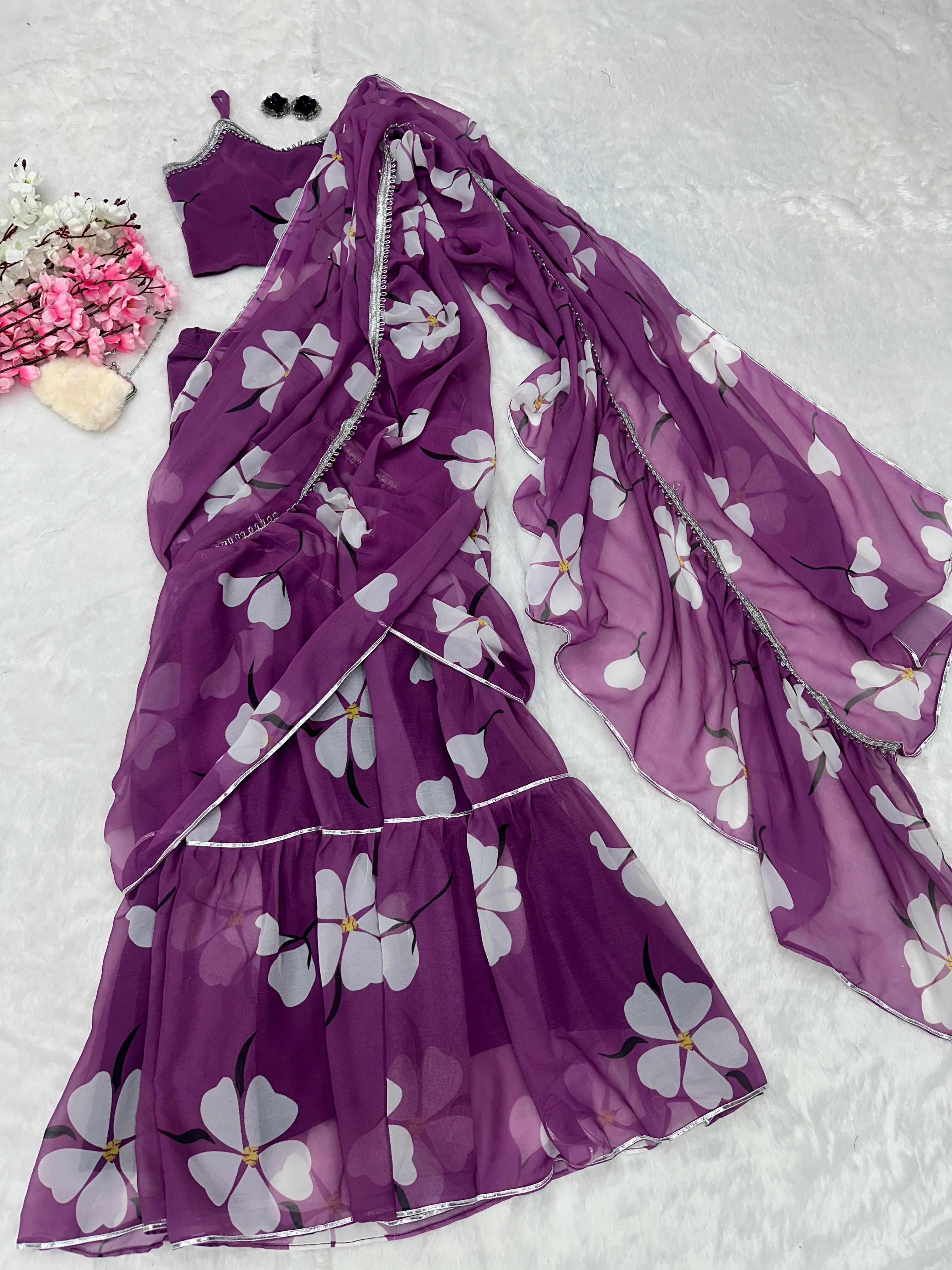 Fabulous Lavender Color Georgette Ruffle Stayle Lehnga With Attatched Dupatta Style Pattern Ready To Wear Lehenga Saree