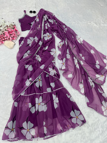 Fabulous Lavender Color Georgette Ruffle Stayle Lehnga With Attatched Dupatta Style Pattern Ready To Wear Lehenga Saree