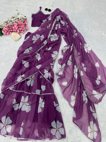 Fabulous Lavender Color Georgette Ruffle Stayle Lehnga With Attatched Dupatta Style Pattern Ready To Wear Lehenga Saree
