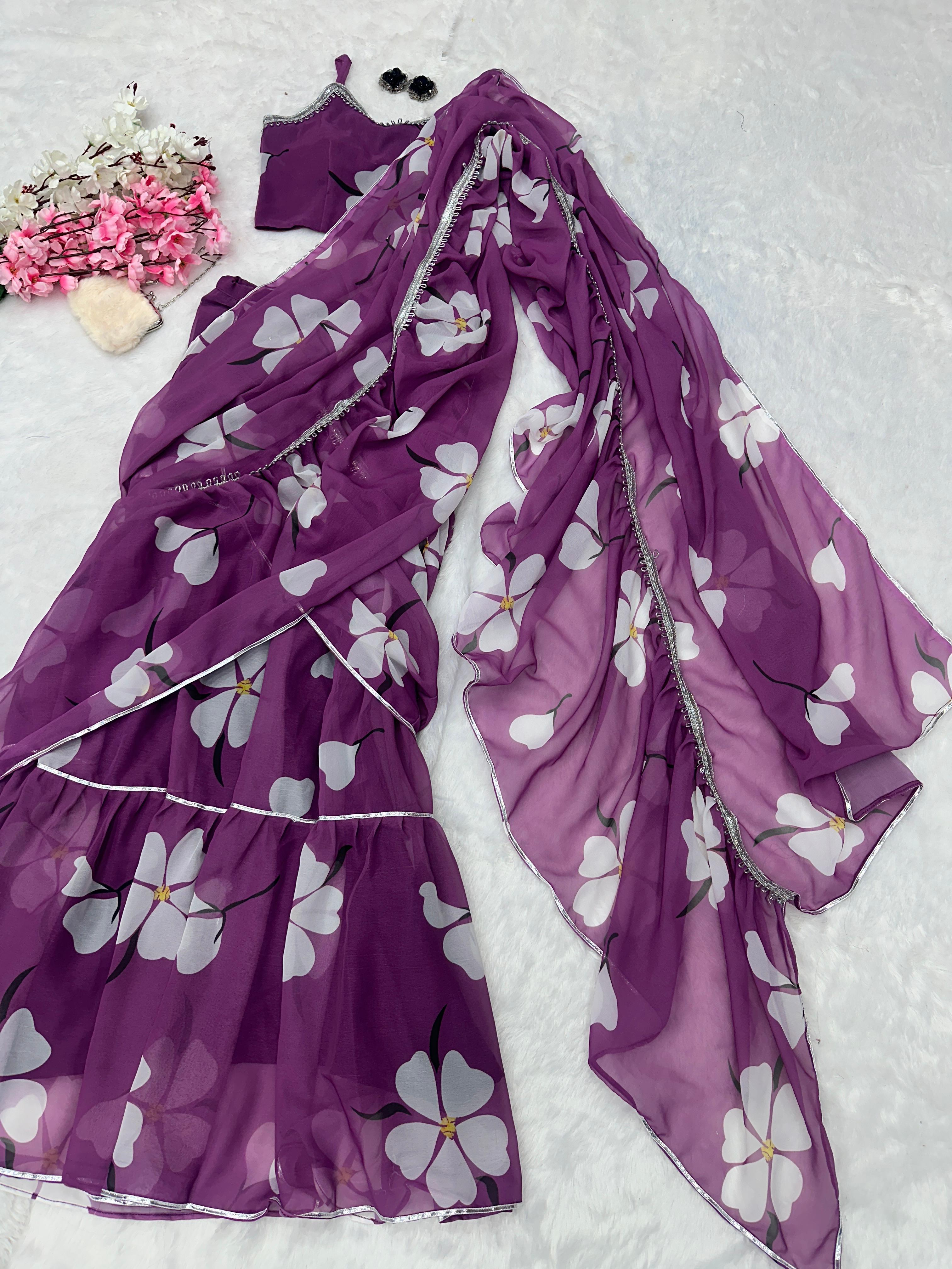 Fabulous Lavender Color Georgette Ruffle Stayle Lehnga With Attatched Dupatta Style Pattern Ready To Wear Lehenga Saree