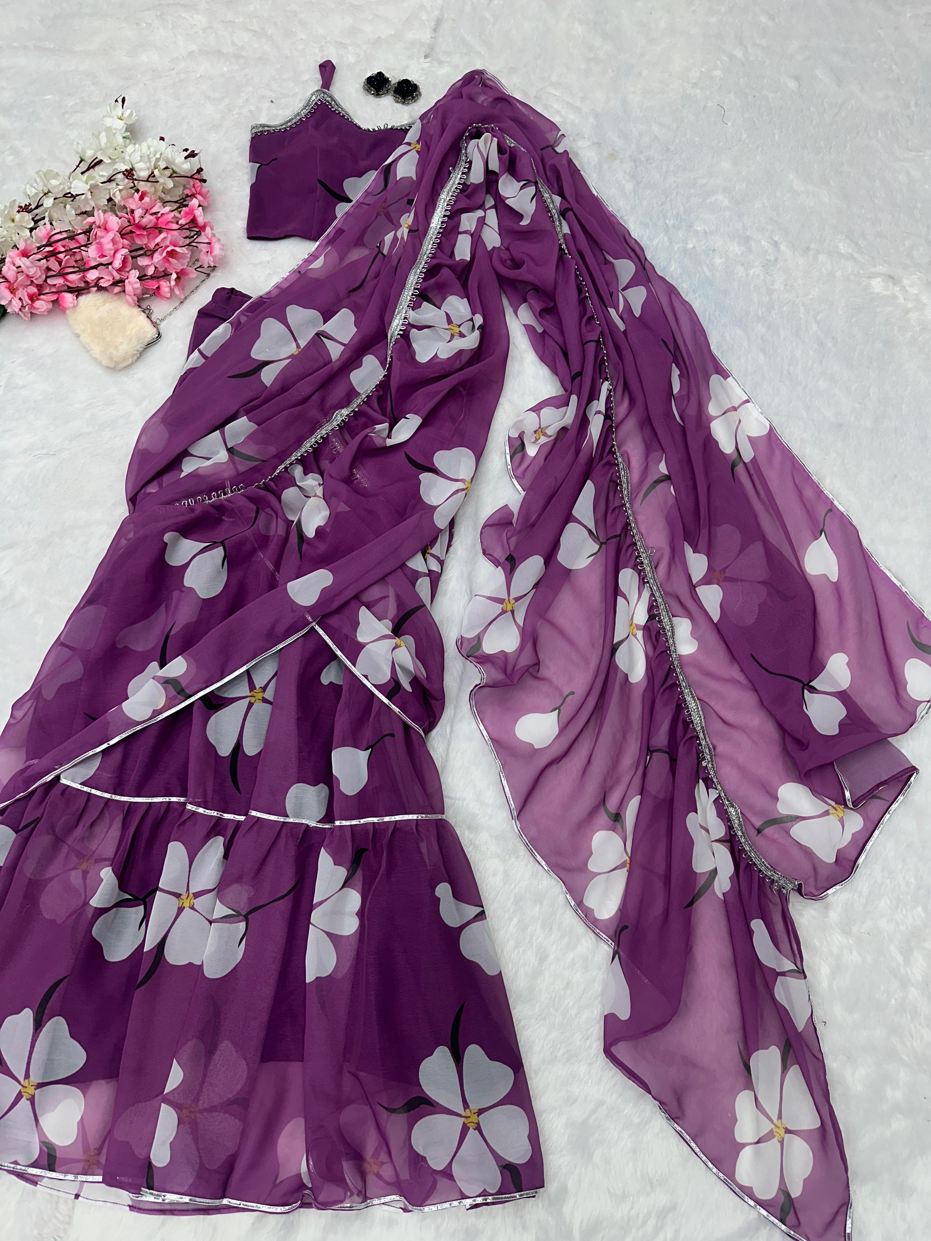 Fabulous Lavender Color Georgette Ruffle Stayle Lehnga With Attatched Dupatta Style Pattern Ready To Wear Lehenga Saree