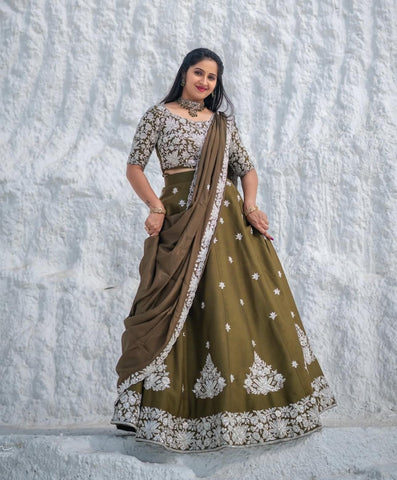 Party Wear Mahendi Green Color Chinon With Embroidery Thread Work Designer Lehenga Choli