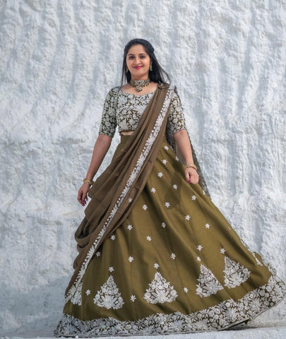 Party Wear Mahendi Green Color Chinon With Embroidery Thread Work Designer Lehenga Choli