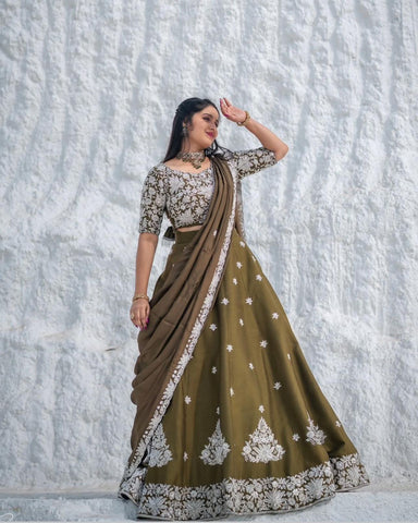 Party Wear Mahendi Green Color Chinon With Embroidery Thread Work Designer Lehenga Choli