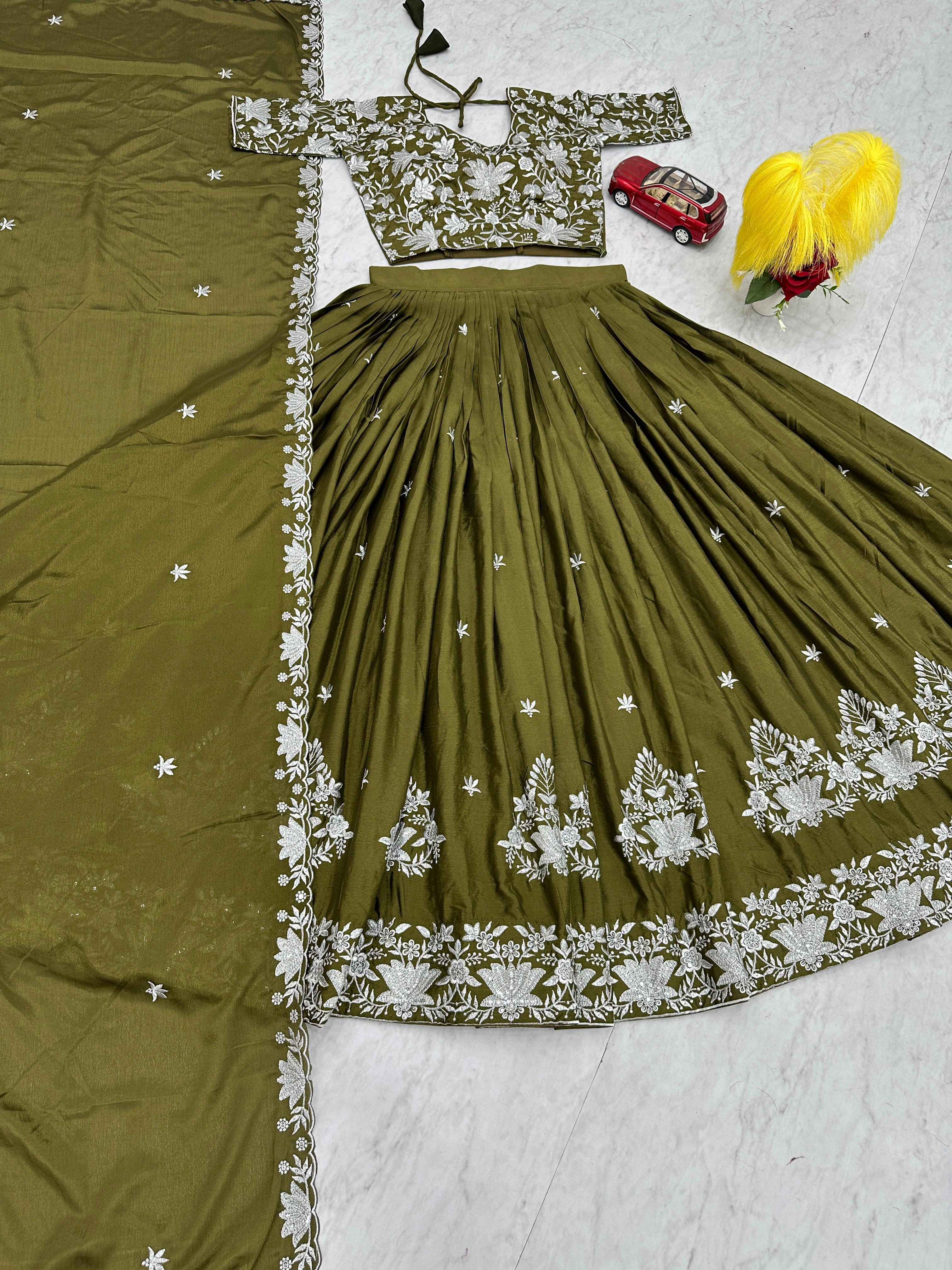 Party Wear Mahendi Green Color Chinon With Embroidery Thread Work Designer Lehenga Choli