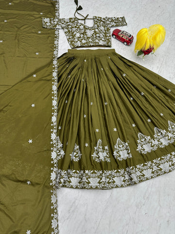 Party Wear Mahendi Green Color Chinon With Embroidery Thread Work Designer Lehenga Choli