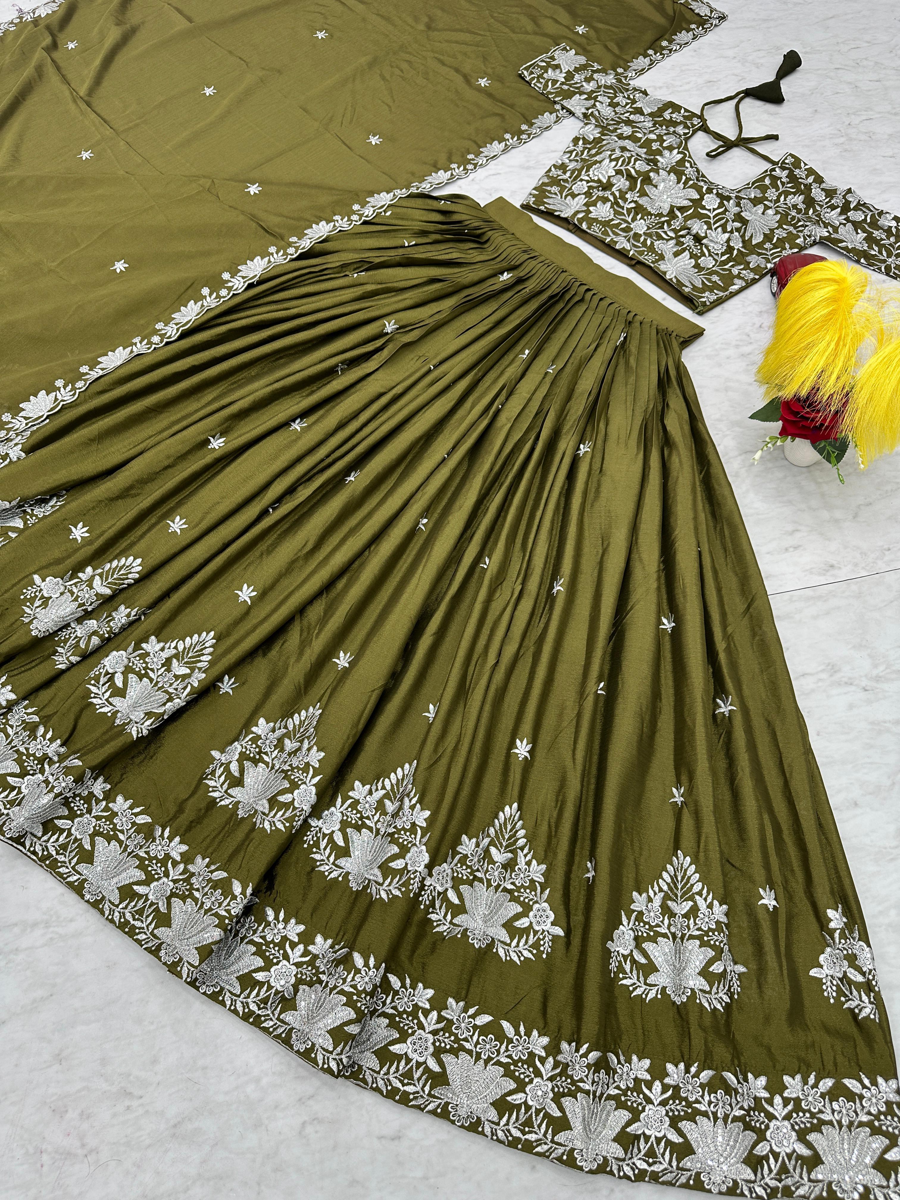 Party Wear Mahendi Green Color Chinon With Embroidery Thread Work Designer Lehenga Choli