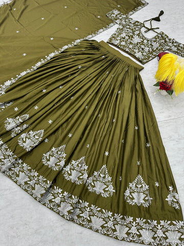 Party Wear Mahendi Green Color Chinon With Embroidery Thread Work Designer Lehenga Choli
