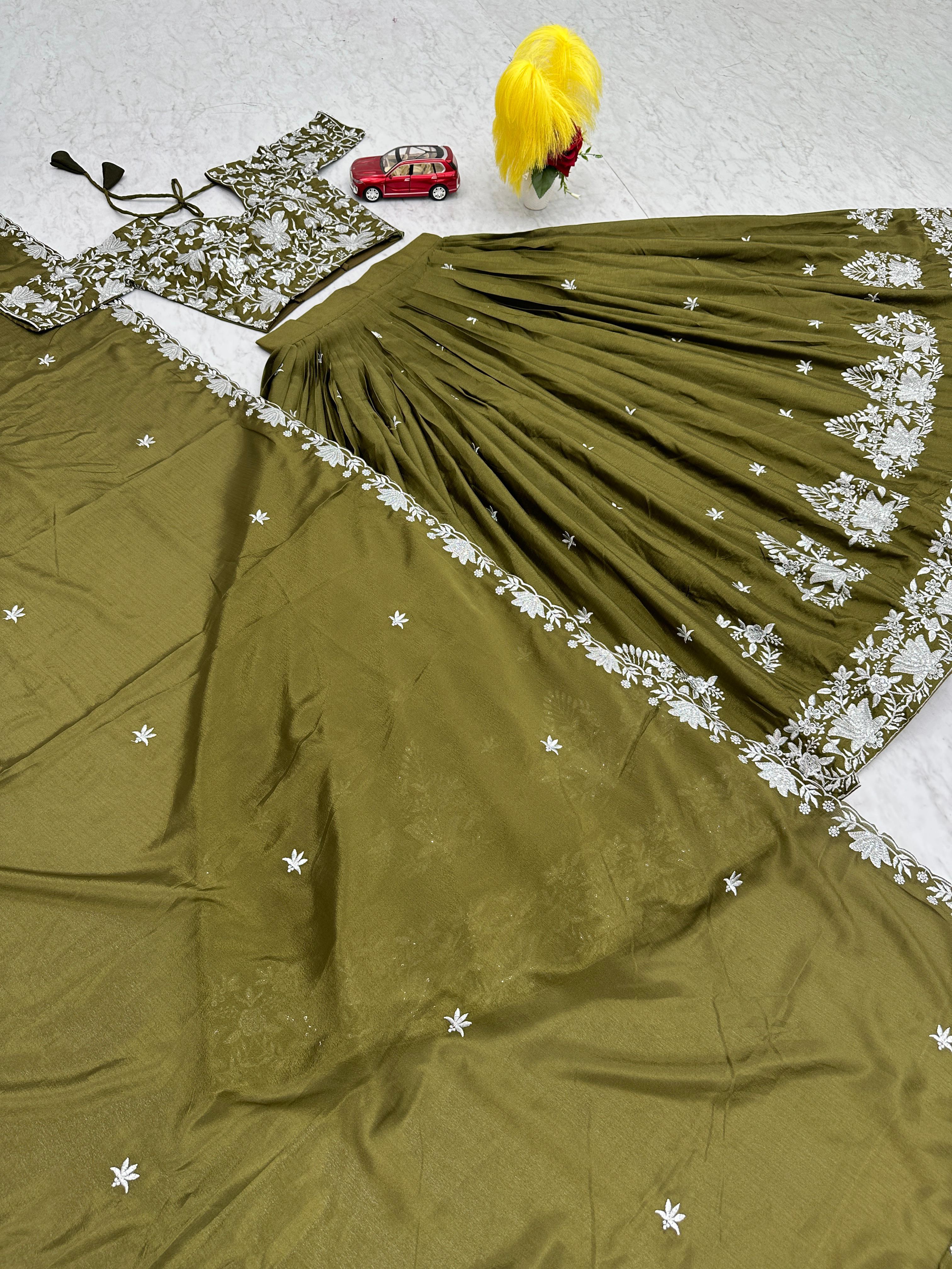 Party Wear Mahendi Green Color Chinon With Embroidery Thread Work Designer Lehenga Choli