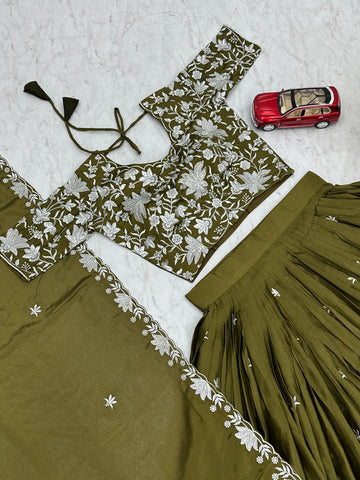 Party Wear Mahendi Green Color Chinon With Embroidery Thread Work Designer Lehenga Choli