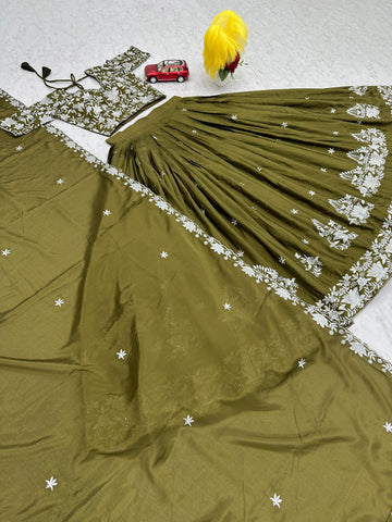 Party Wear Mahendi Green Color Chinon With Embroidery Thread Work Designer Lehenga Choli