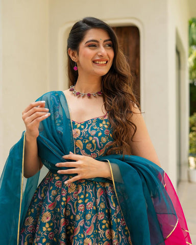 Imposing Teal Color Digital Printed Jimmy Organza Silk Designer Anarkali Gown
