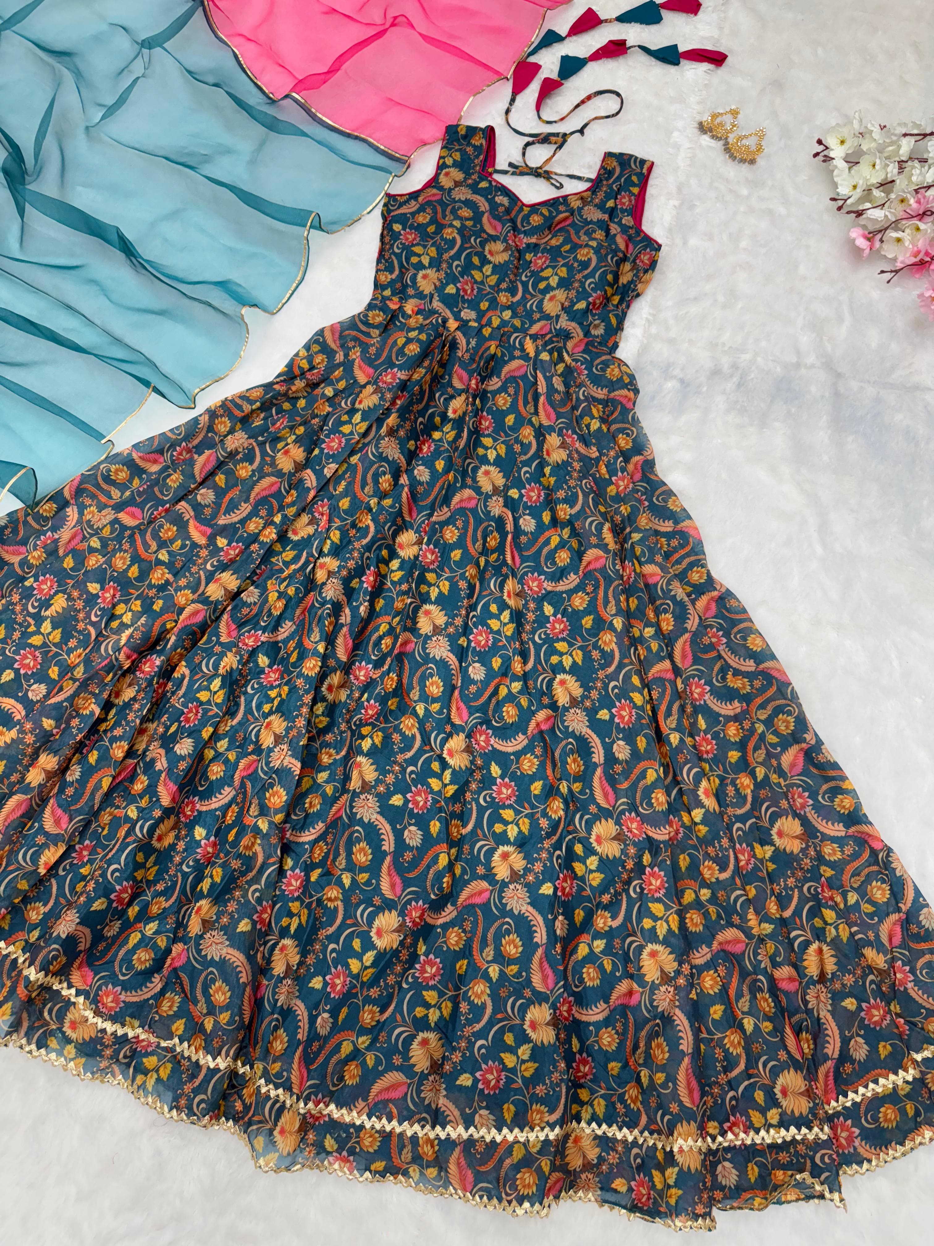 Imposing Teal Color Digital Printed Jimmy Organza Silk Designer Anarkali Gown