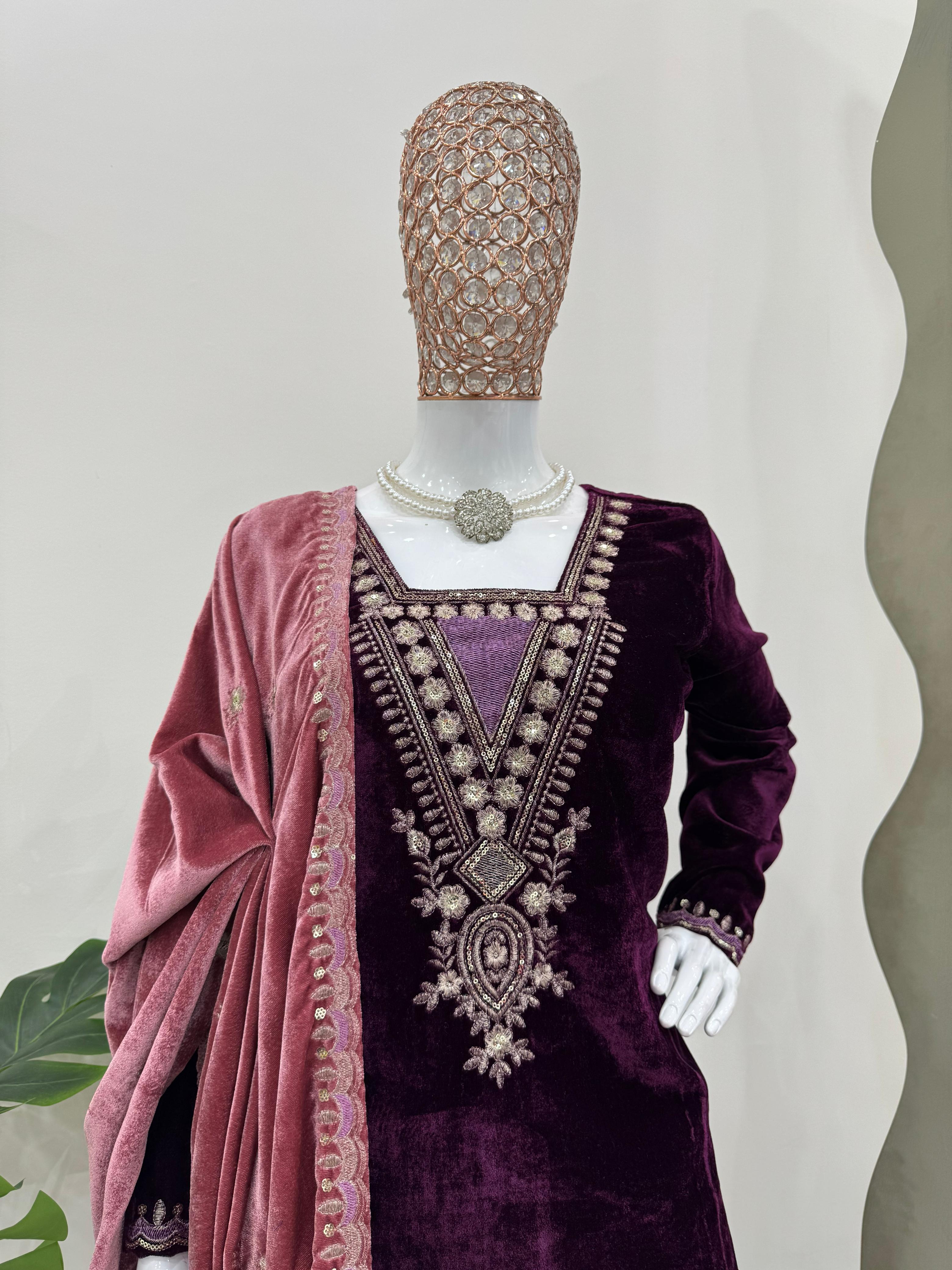 Charming Wine Color Viscos Velvet And Thread With Sequence Designer Velvet Salwar Suit