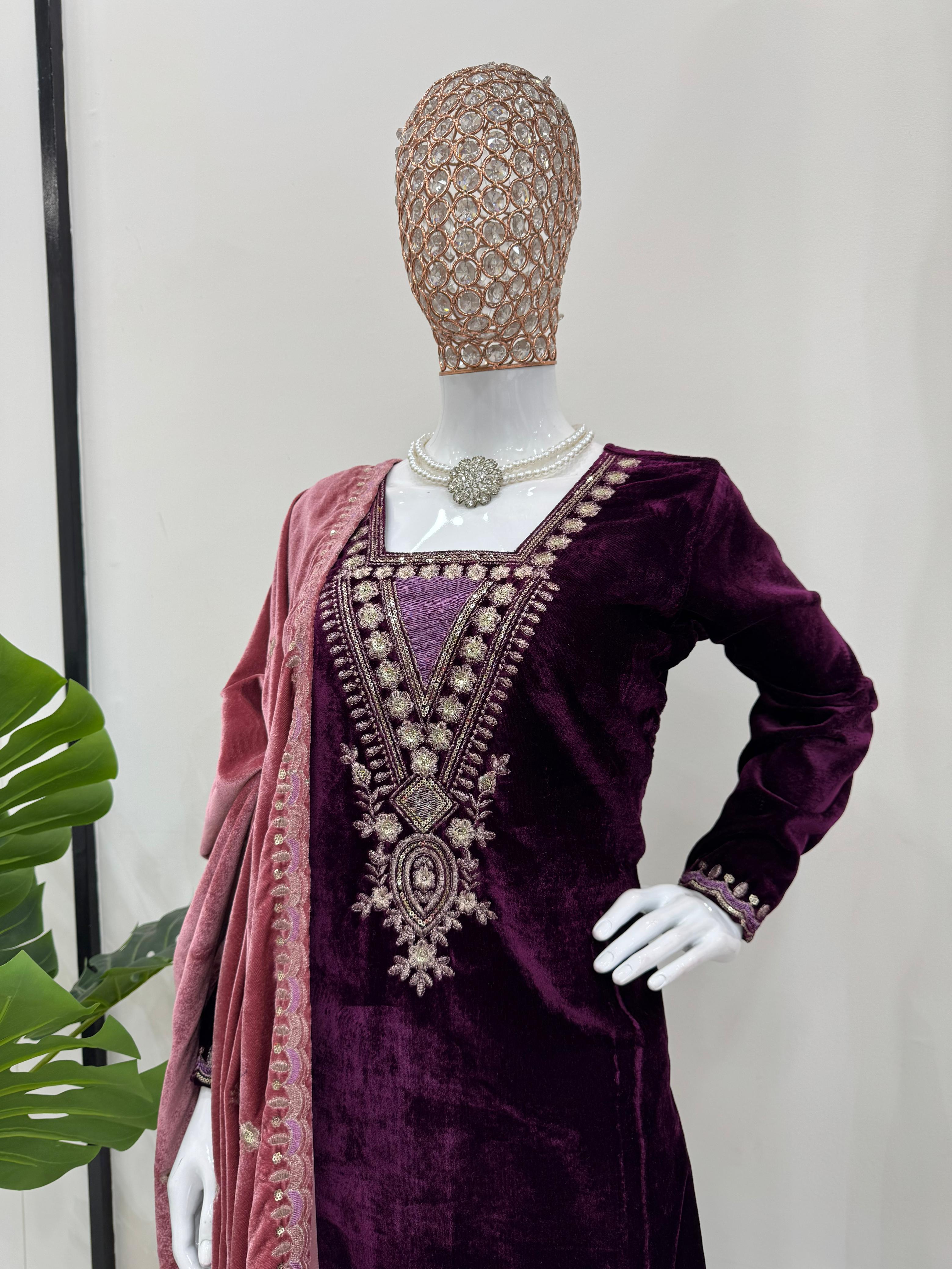 Charming Wine Color Viscos Velvet And Thread With Sequence Designer Velvet Salwar Suit