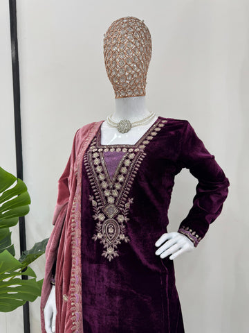Charming Wine Color Viscos Velvet And Thread With Sequence Designer Velvet Salwar Suit