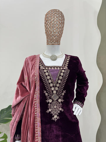 Charming Wine Color Viscos Velvet And Thread With Sequence Designer Velvet Salwar Suit