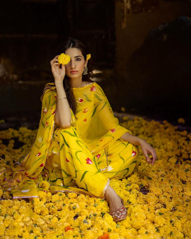 Haldi Ceremony Yellow Color Digital Printed Organza Kurta With Sharara Suit