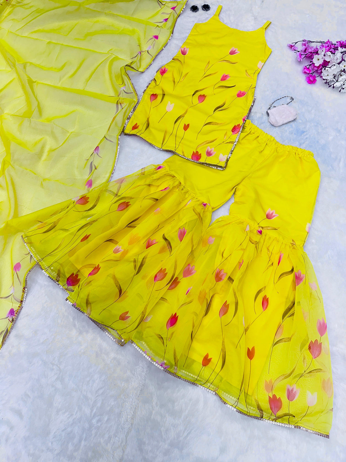 Haldi Ceremony Yellow Color Digital Printed Organza Kurta With Sharara Suit