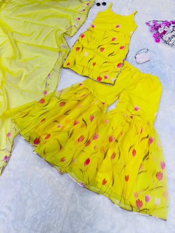 Haldi Ceremony Yellow Color Digital Printed Organza Kurta With Sharara Suit