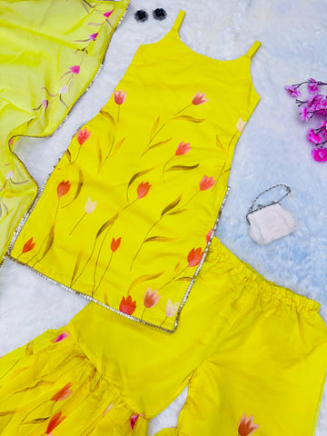 Haldi Ceremony Yellow Color Digital Printed Organza Kurta With Sharara Suit