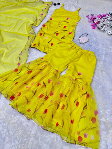 Haldi Ceremony Yellow Color Digital Printed Organza Kurta With Sharara Suit