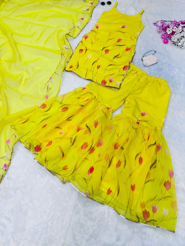 Haldi Ceremony Yellow Color Digital Printed Organza Kurta With Sharara Suit