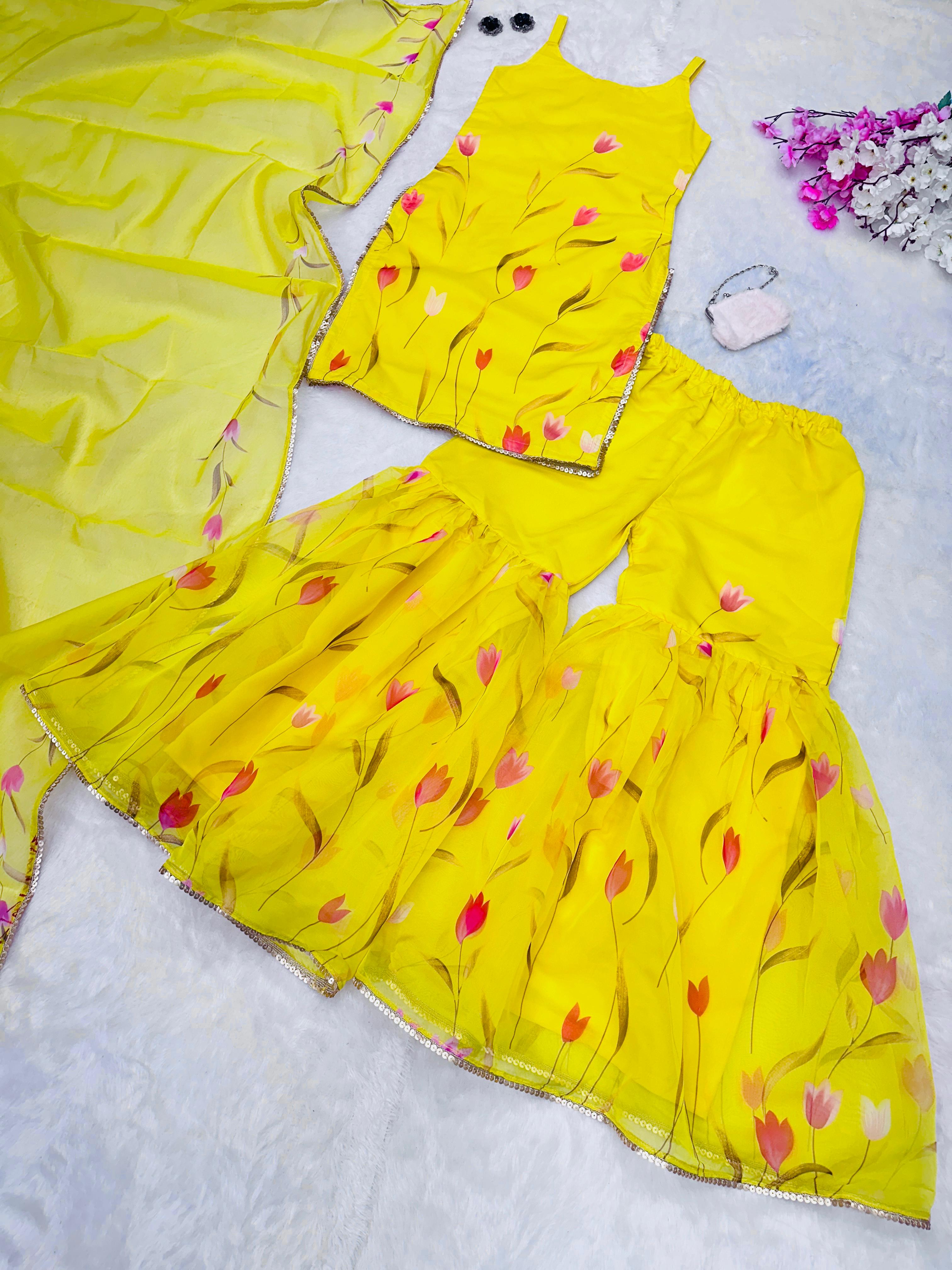 Haldi Ceremony Yellow Color Digital Printed Organza Kurta With Sharara Suit