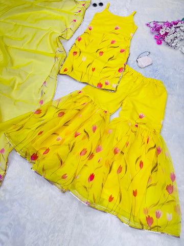 Haldi Ceremony Yellow Color Digital Printed Organza Kurta With Sharara Suit