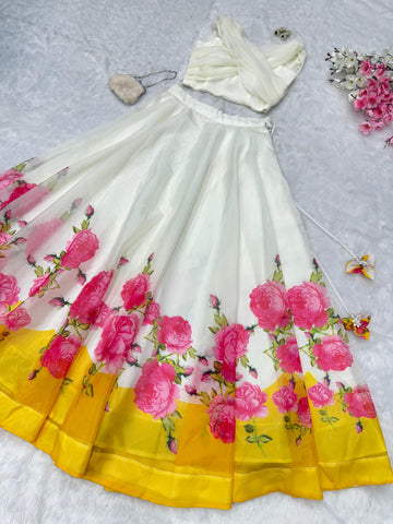 Marriage Special White And Yellow Color Designer Jimmy Organza Silk Floral Printed Lehenga Choli
