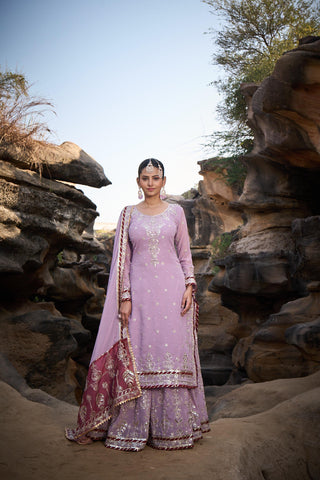 Party Wear Lavender Color Faux Georgette Thread With Sequence With Rivet Moti Designer Sharara Suit
