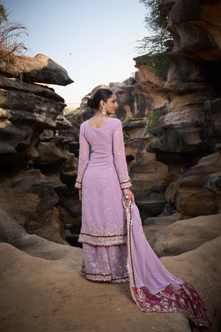 Party Wear Lavender Color Faux Georgette Thread With Sequence With Rivet Moti Designer Sharara Suit