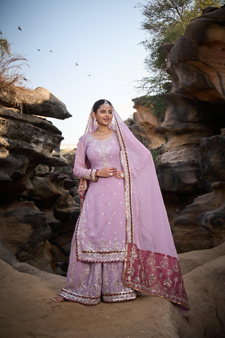 Party Wear Lavender Color Faux Georgette Thread With Sequence With Rivet Moti Designer Sharara Suit